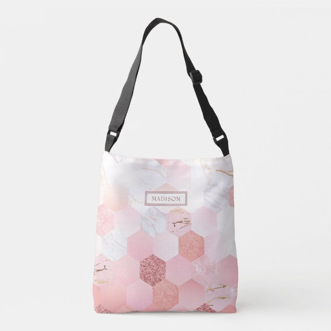 Bolso Cruzado Nombre personalizado de Mármol Purpurina rosa de M (Reverso)
