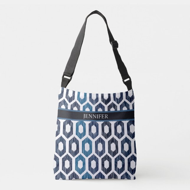 Bolso Cruzado Nombre personalizado del patrón azul geométrico ab (Anverso)
