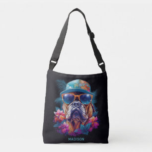 Bolso Cruzado Nombre personalizado Perro de vacaciones tropical