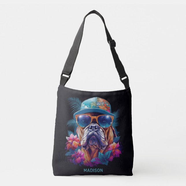 Bolso Cruzado Nombre personalizado Perro de vacaciones tropical (Anverso)