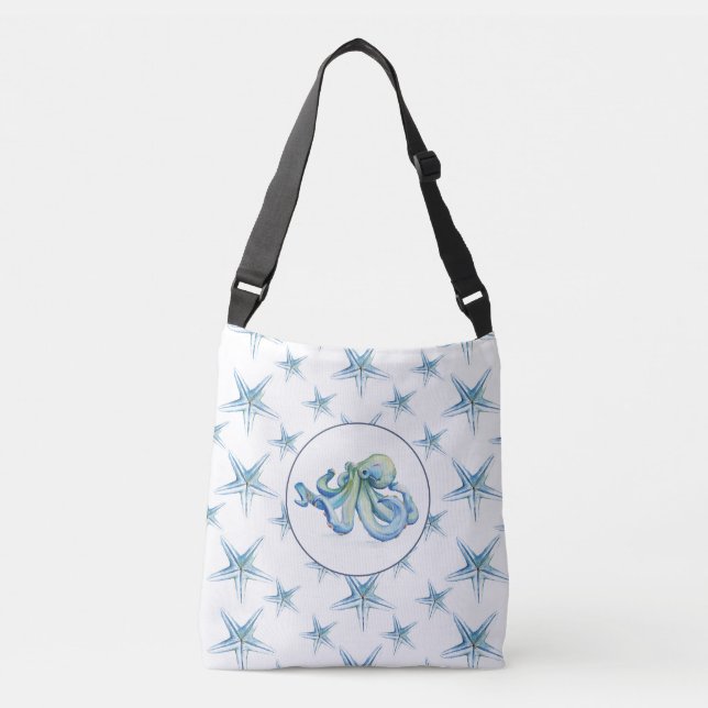 Bolso Cruzado Octopus azul costero y acuarela estribera (Anverso)