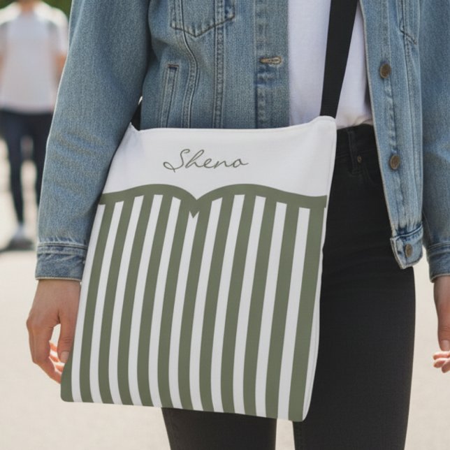 Bolso Cruzado Olive Green Pinstriped Monogram (Boho meets bold with scalloped stripes and custom name make this bag stand out.)