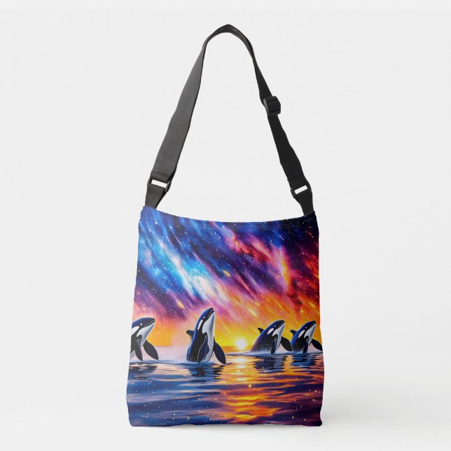 Bolso Cruzado Orcas bajo el cielo galaxy 02 Diseño de Rich AMeN (Anverso)