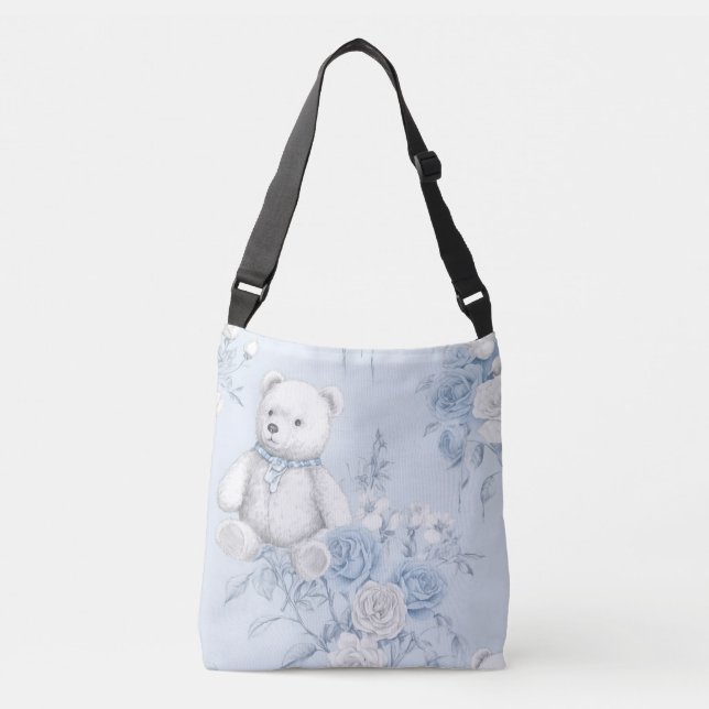 Bolso Cruzado Ornamento y oso floral azul francés (Anverso)