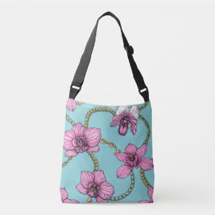 Bolso Cruzado orquídeas y cadenas, rosa y azul