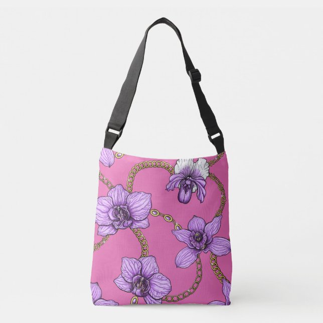 Bolso Cruzado orquídeas y cadenas, violetas y rosas (Anverso)