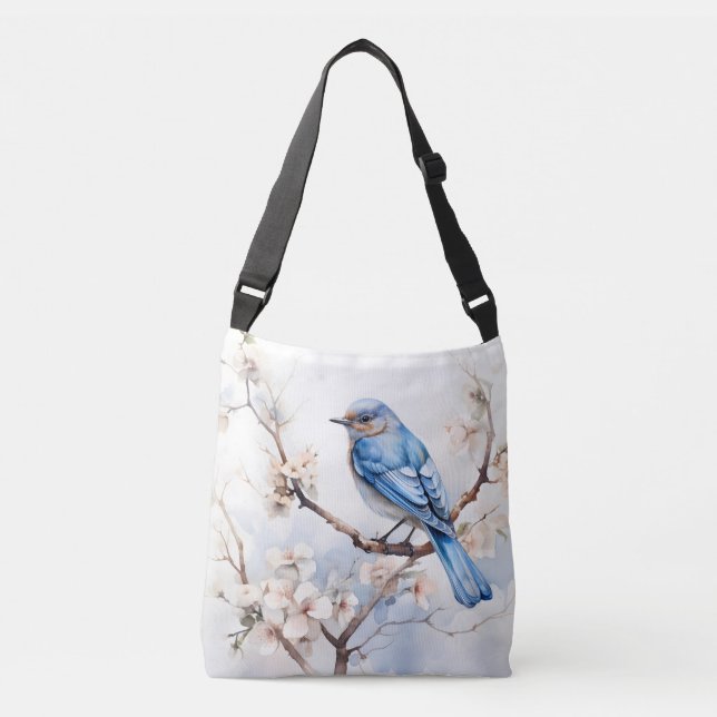 Bolso Cruzado Pájaro azul de primavera en el árbol floreciente (Anverso)