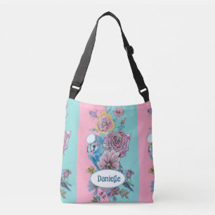 Bolso Cruzado Pájaro Budgie Azul Rosa Floral Acuática Rosa Nombr
