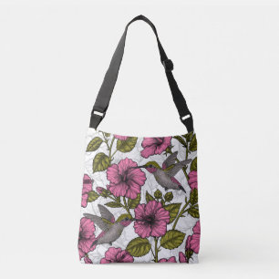 Bolso Cruzado Pájaros húmedos y flores de hibisco rosa