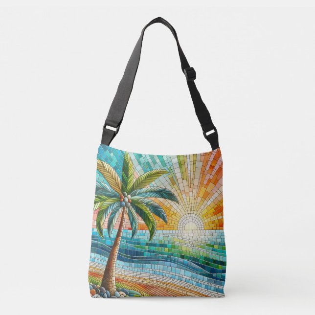 Bolso Cruzado Palm Tree Mosaic Tropical Beach Sunset (Anverso)