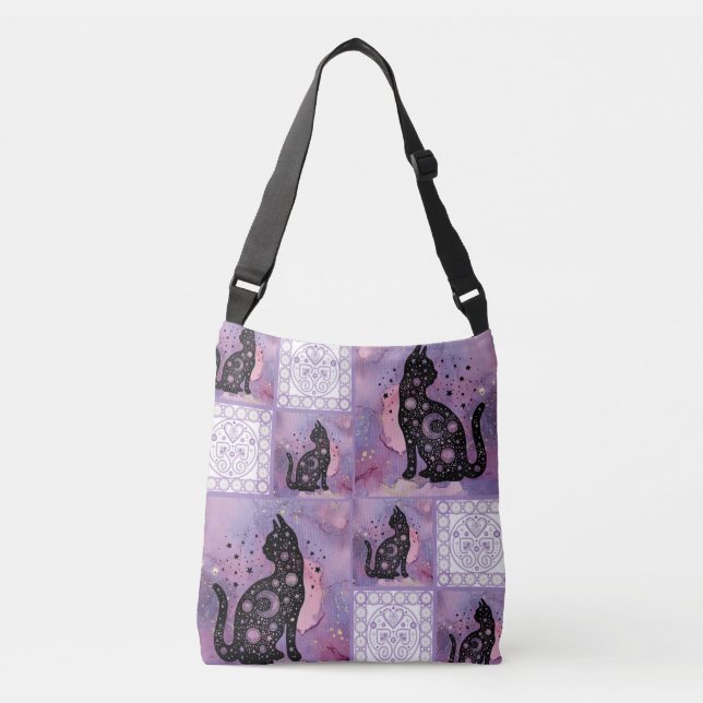 Bolso Cruzado Parche Purple Cosmic Cats (Anverso)
