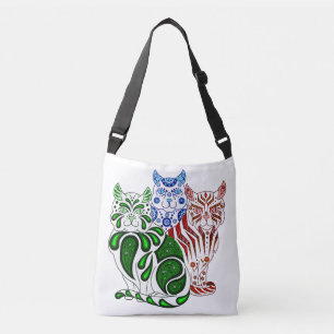 Bolso Cruzado Parches, rayas y bobinas, gatos de arte folclórico