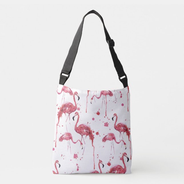 Bolso Cruzado Patrón de acuarela de flamenco, diseño vibrante. (Anverso)