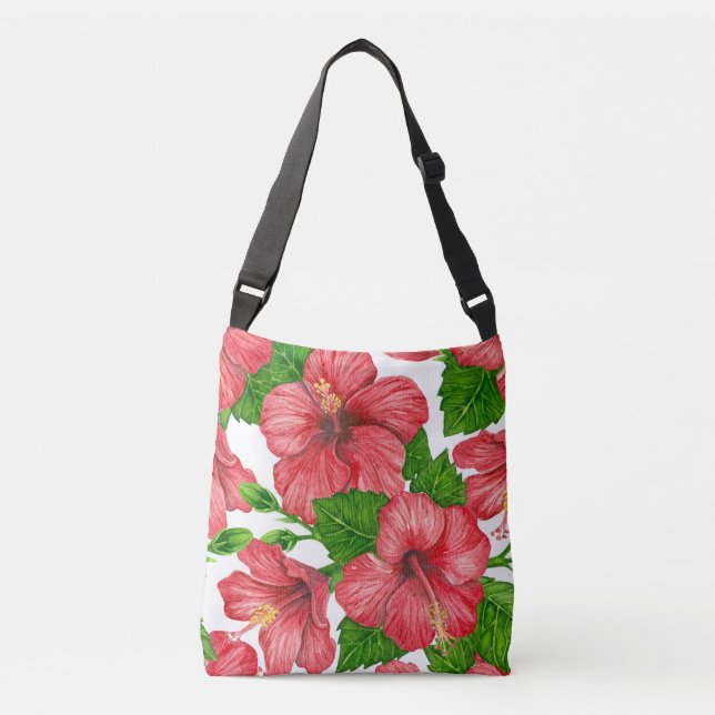Bolso Cruzado Patrón de acuarela de hibiscos rojos (Anverso)