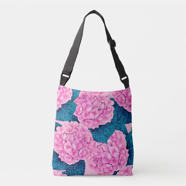 Bolso Cruzado Patrón de acuarela de hidrangea, rosa y azul (Anverso)