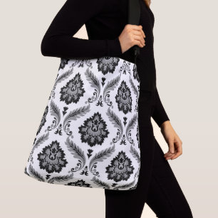 Bolso Cruzado Patrón de Damasco Rococó Gris Negro Blanco