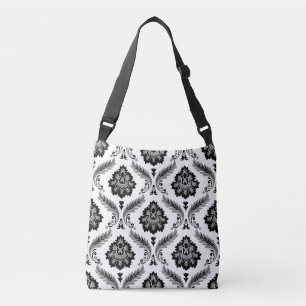 Bolso Cruzado Patrón de damasco rococó gris negro blanco