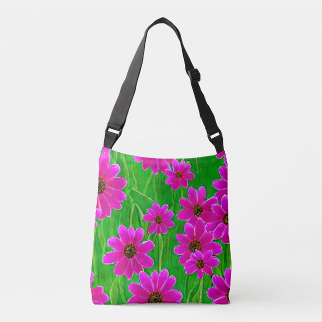 Bolso Cruzado Patrón de flor verde y rosa brillante (Anverso)