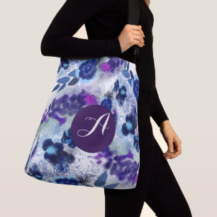 Bolso Cruzado Patrón de flores azul púrpura con monograma person