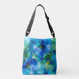 Bolso Cruzado Patrón de flores de arte líquido azul y verde boni