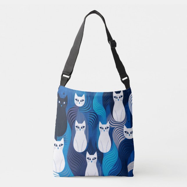 Bolso Cruzado Patrón de gato blanco azul (Anverso)