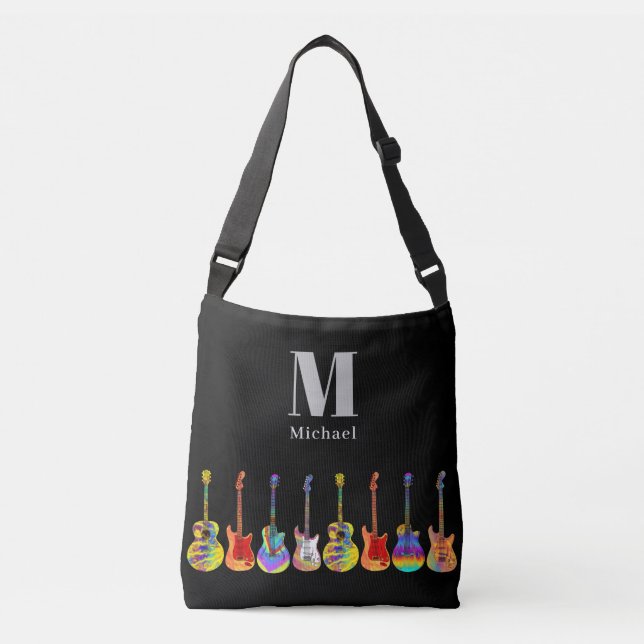 Bolso Cruzado Patrón de guitarra divertida en monograma negro (Anverso)