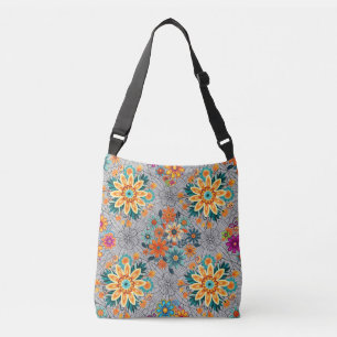 Bolso Cruzado Patrón de macetas de flores multicolor. Gris negro