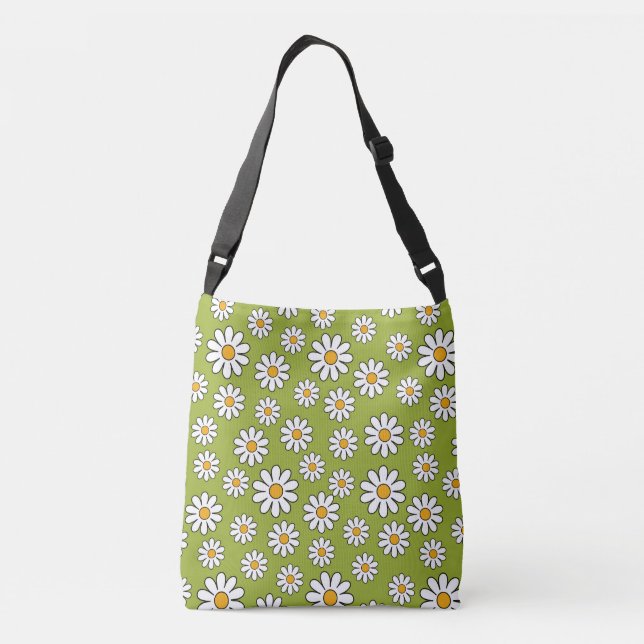 Bolso Cruzado Patrón de margarita floral verde y blanca (Reverso)