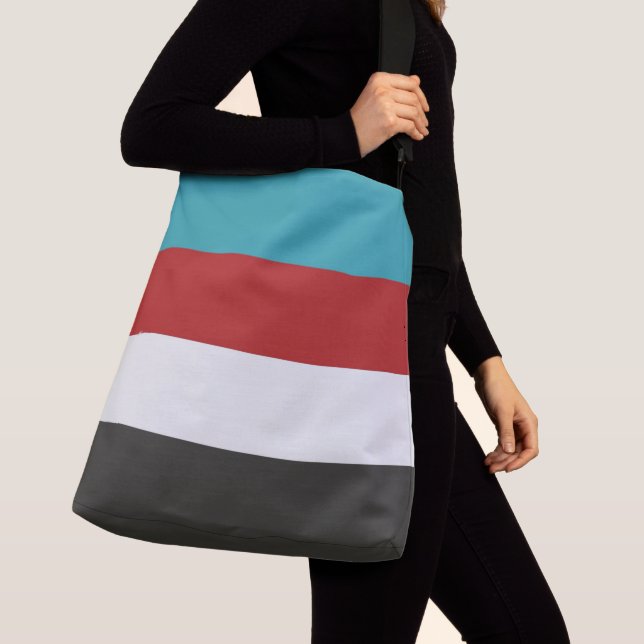 Bolso Cruzado Patrón de rayas grises rojas turquesa oscuro (Detalle)