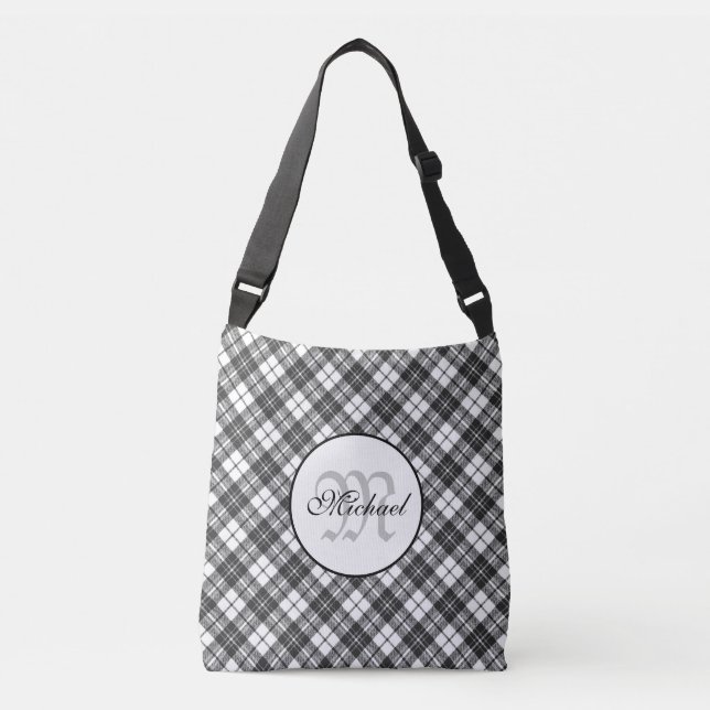 Bolso Cruzado Patrón de Tartán Navidades Monograma blanco negro (Anverso)
