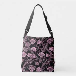 Bolso Cruzado Patrón floral retro rosa sobre negro