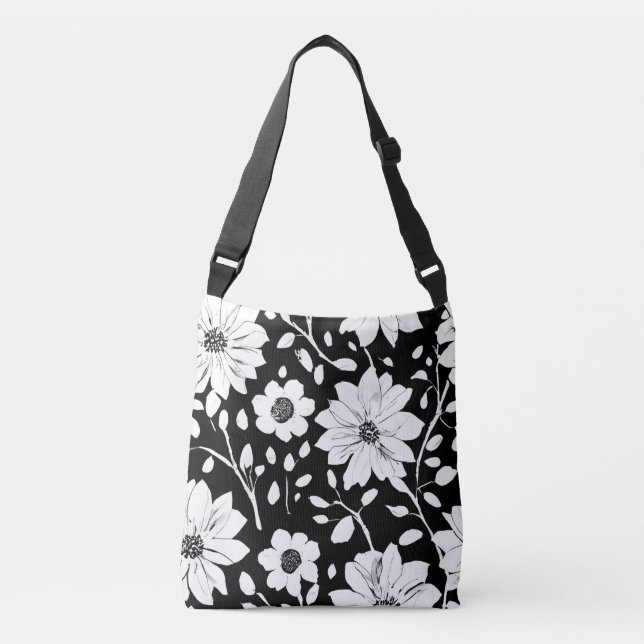Bolso Cruzado Patrón simple de la flor negra y blanca sin foco (Anverso)