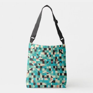 Bolso Cruzado Patrón vintage con triángulos y círculos.