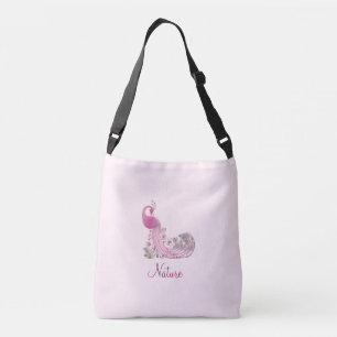 Bolso Cruzado Pavo real y caligrafía en rosa claro dorado