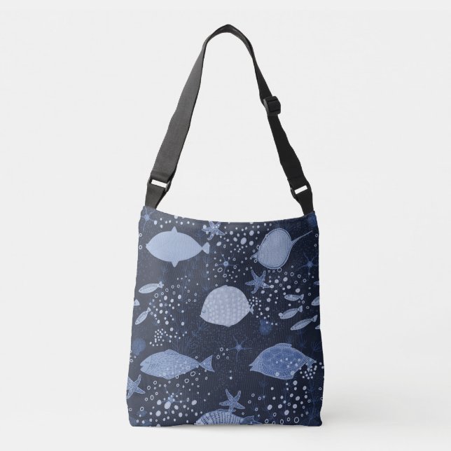 Bolso Cruzado Peces dormidos monocromos, patrón oscuro. (Anverso)