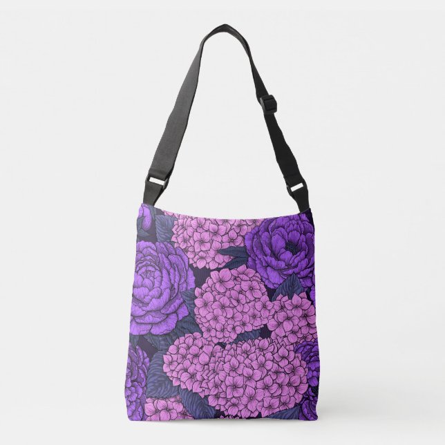 Bolso Cruzado Peonía e hidrangea en rosa y violeta (Anverso)