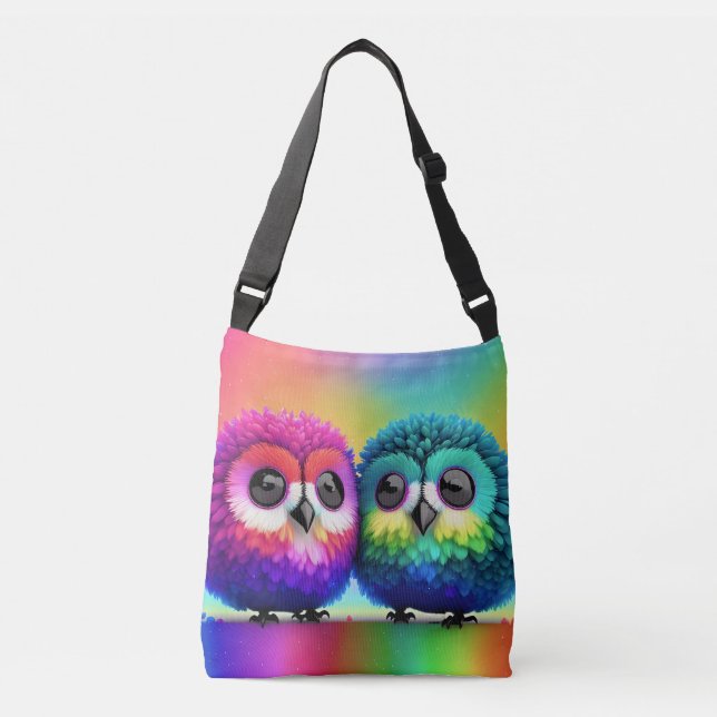Bolso Cruzado Pequeñas Lechuzas Arcoiris -ART de Lisa-Dawn Diseñ (Anverso)