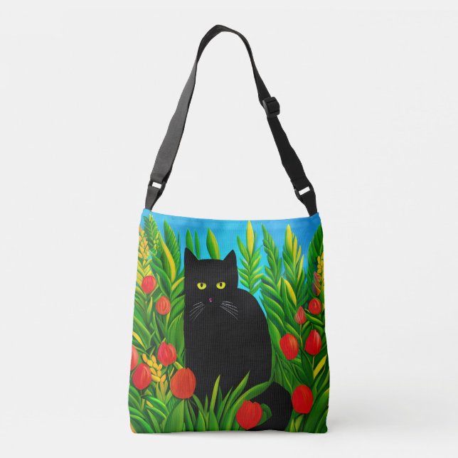 Bolso Cruzado Pequeño gato negro en un jardín de tulipanes (Reverso)