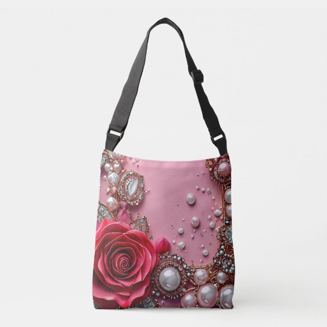 Bolso Cruzado Perlas y una Rosa Roja Detallada (Anverso)