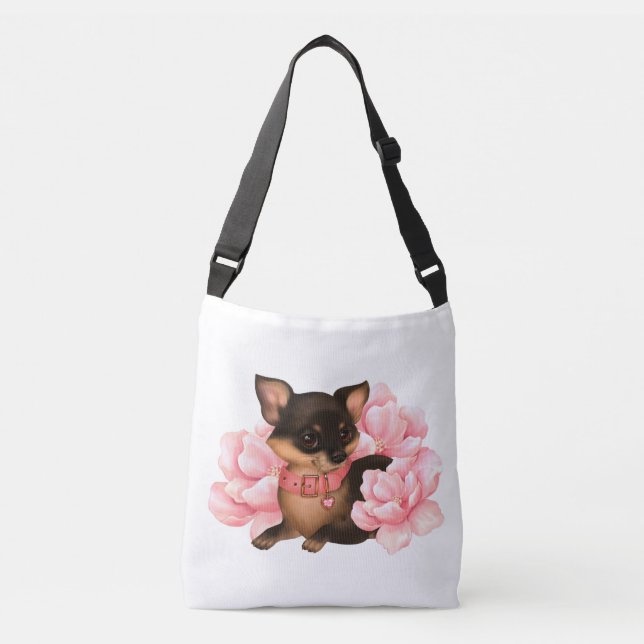 Bolso Cruzado Perro chihuahua lindo con flores rosadas (Anverso)