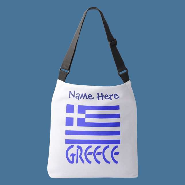 Bolso Cruzado Personalización azul de la bandera griega (Personalized crossbody bag with Greek flag and word GREECE below in blue letters. Add name above.)