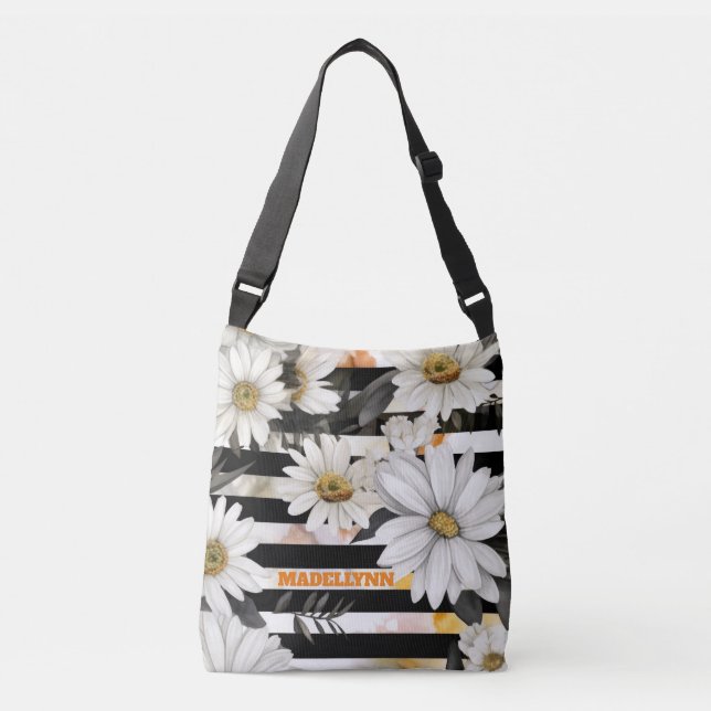 Bolso Cruzado Personalizado moderno margarita Tote rayado negro  (Anverso)