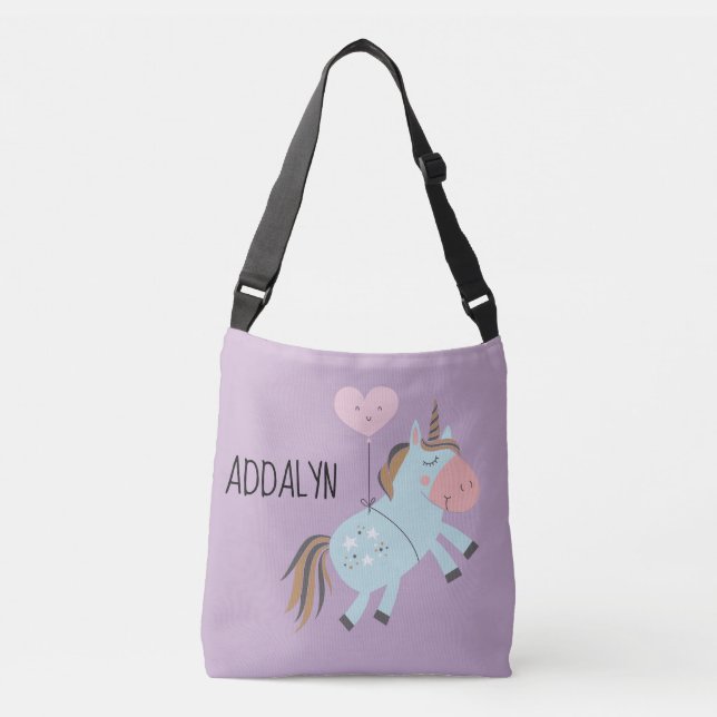 Bolso Cruzado Personalizado Púrpura Bebé Azul Unicornio Globo ca (Anverso)