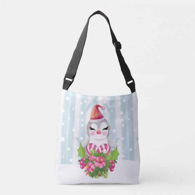 Bolso Cruzado Pingüino de Navidades burdos en Santa Hat (Anverso)