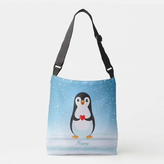 Bolso Cruzado Pingüino feliz sosteniendo un corazón (Anverso)