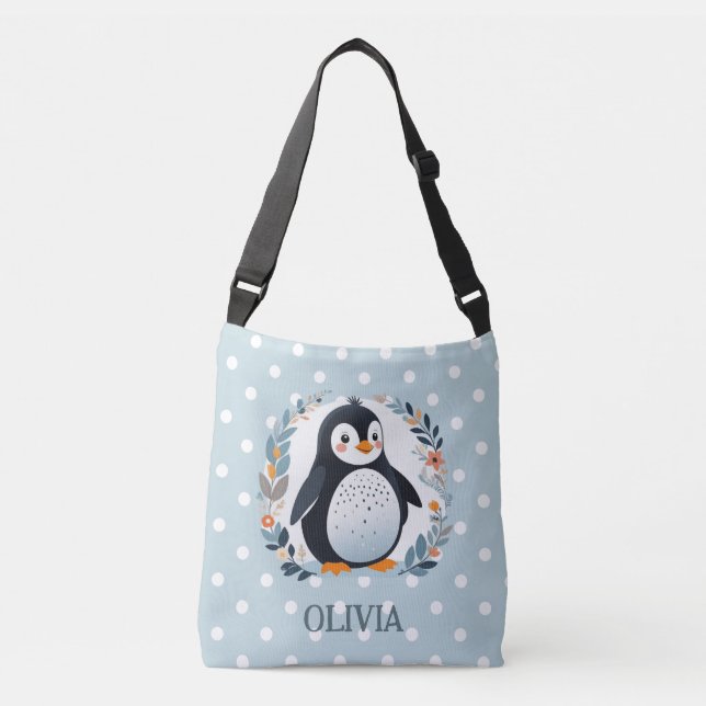 Bolso Cruzado Pingüino Personalizado y flores (Anverso)