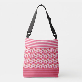 Bolso Cruzado Pink Hibiscus Flowers & Stripes Floral Tote