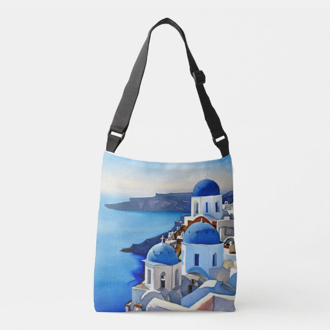 Bolso Cruzado Pintura de acuarela de Santorini Grecia (Anverso)