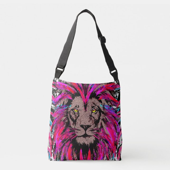 Bolso Cruzado Pintura de cabeza de león rosa - Ilustracion de le (Anverso)