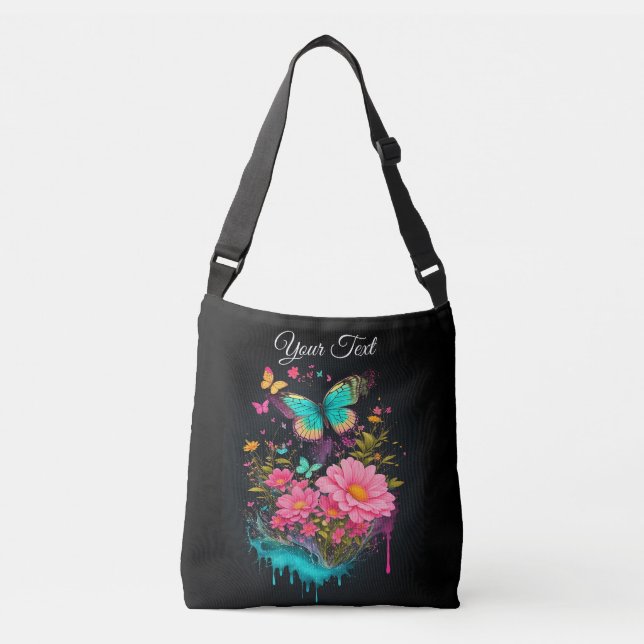 Bolso Cruzado pintura turquesa Butterflies bonitas flores rosas (Anverso)
